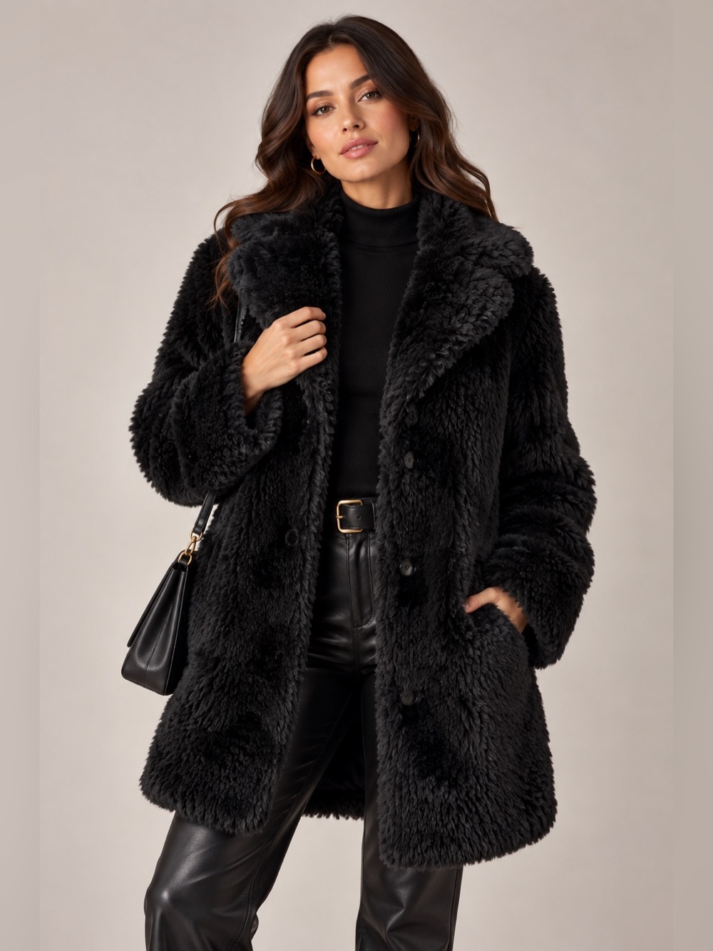 Blanc Noir Black Faux Fur Coat Sz S Super Soft Plush Jacket Thigh Length.